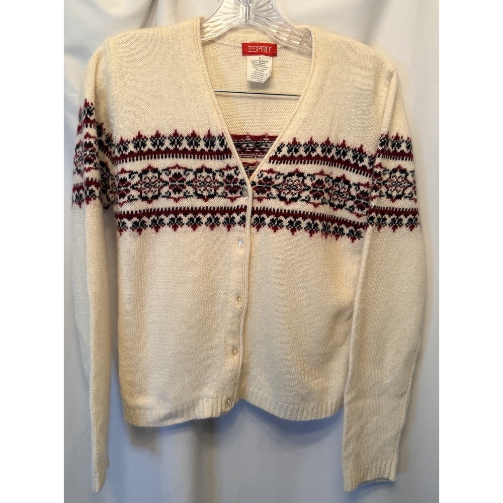Vintage ESPRIT V-Neck Button Cardigan Wool Blend Size Small Ivory Fair Isle